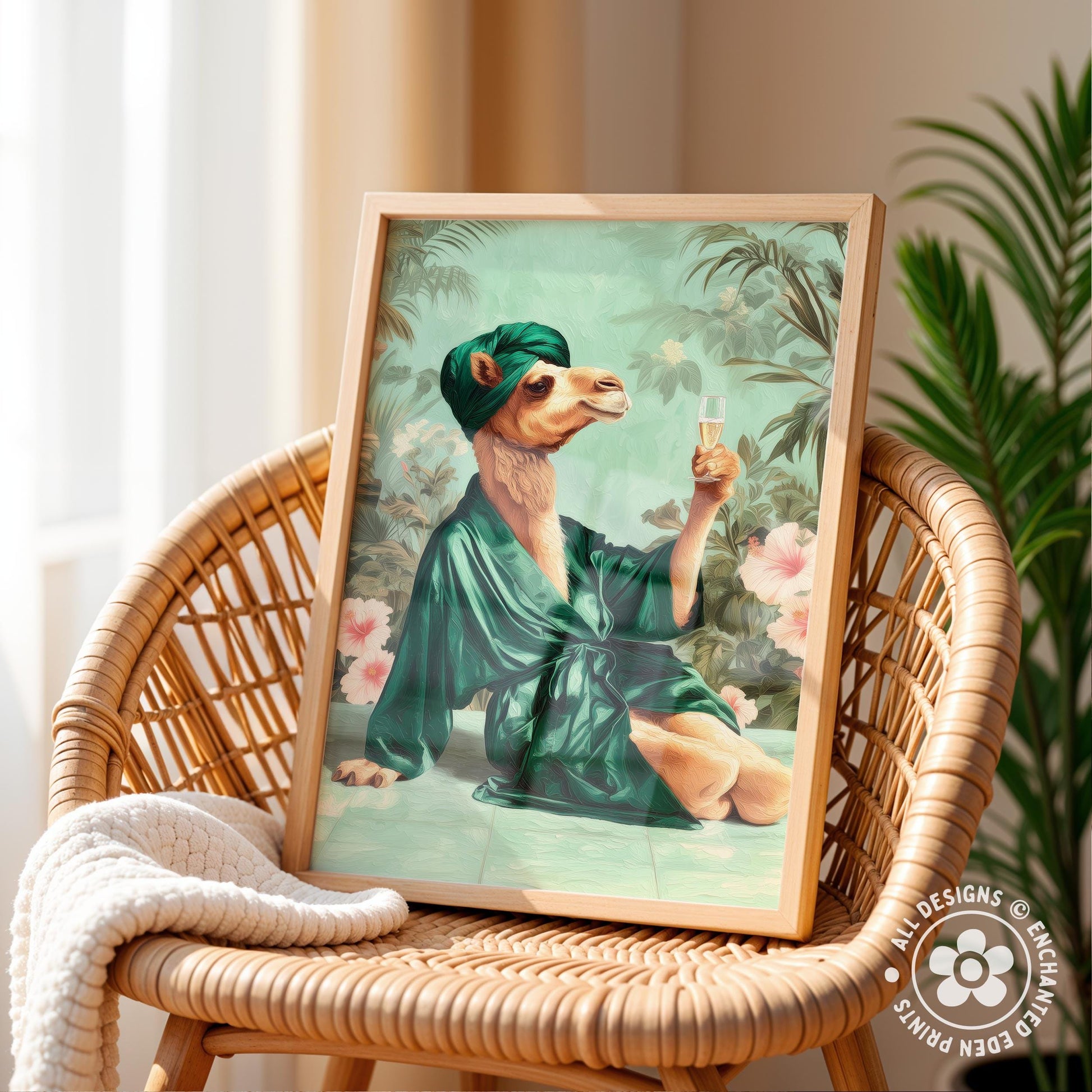a camel wearing a green robe and holding a glass of wine, sitting on a wicker chair.