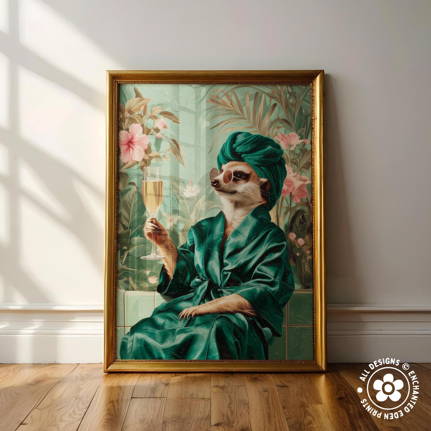 A framed painting depicting a meerkat dressed in a green robe and turban, holding a glass of wine, with a tropical plant and flowers in the background.