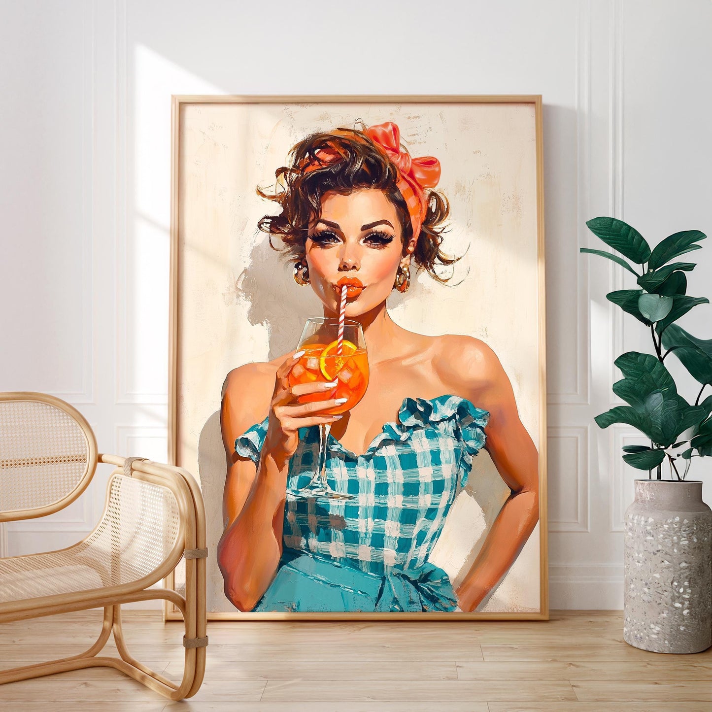 Retro Coquette Wall Art – Aperol Spritz Blue Gingham Print