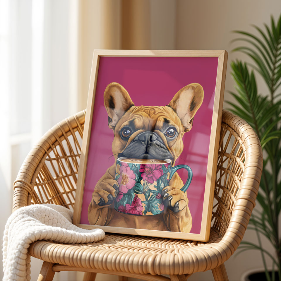 a painting of a dog holding a cup of coffee