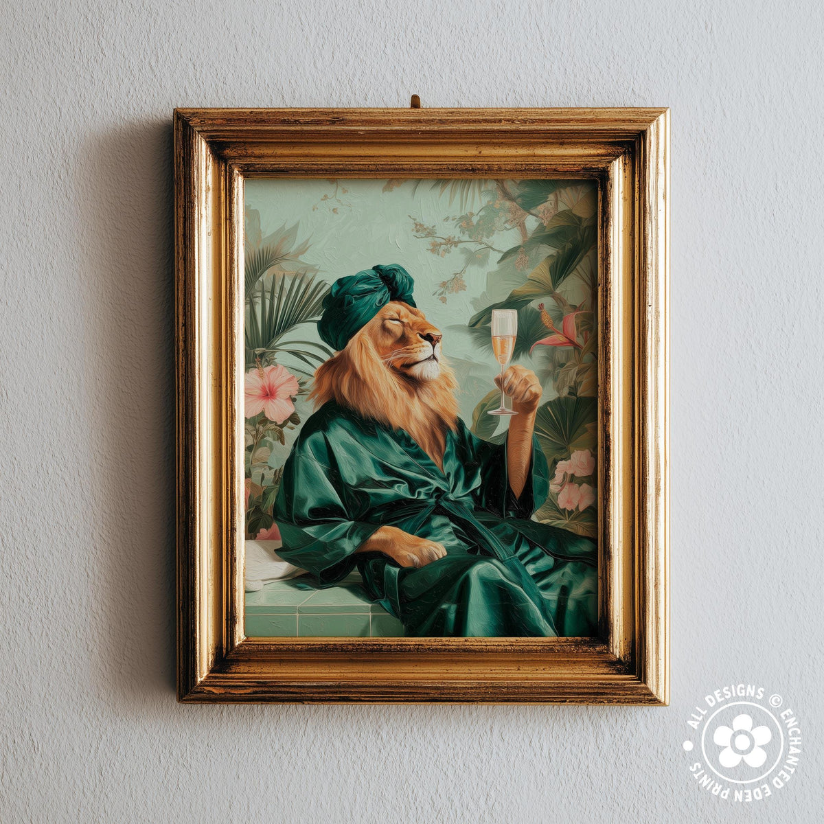 A framed painting depicting a lion wearing a green robe and holding a glass of champagne, surrounded by tropical foliage.