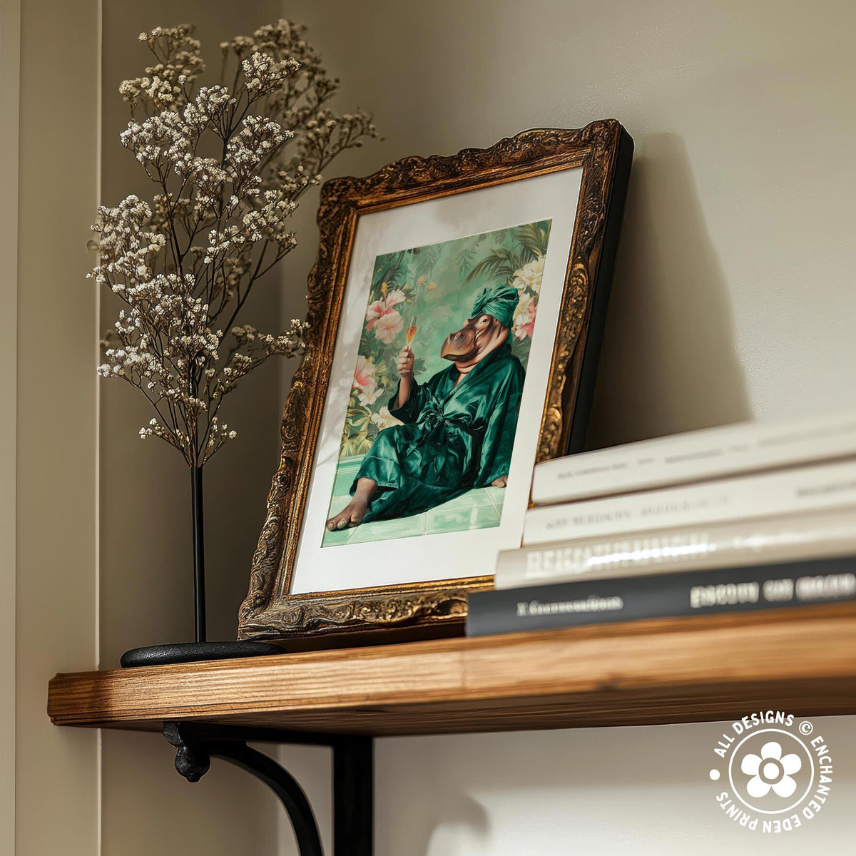 a wooden shelf with a framed painting of a person in a green robe, a vase of white flowers, and a stack of books.