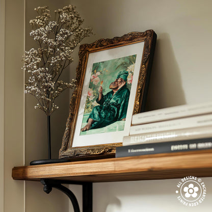 a wooden shelf with a framed painting of a person in a green robe, a vase of white flowers, and a stack of books.