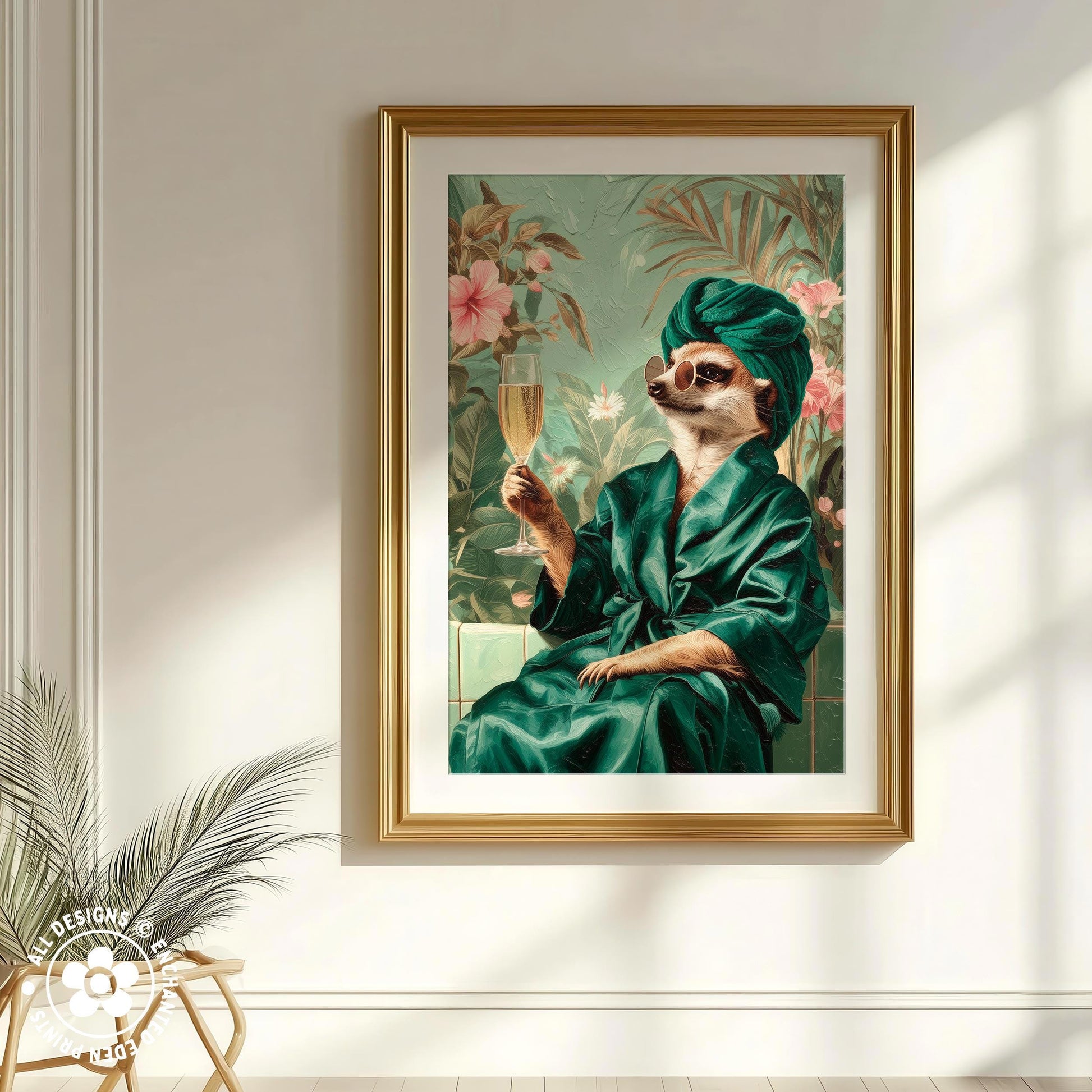 A framed painting depicting a meerkat dressed in a green robe and holding a glass of champagne, set against a tropical background.
