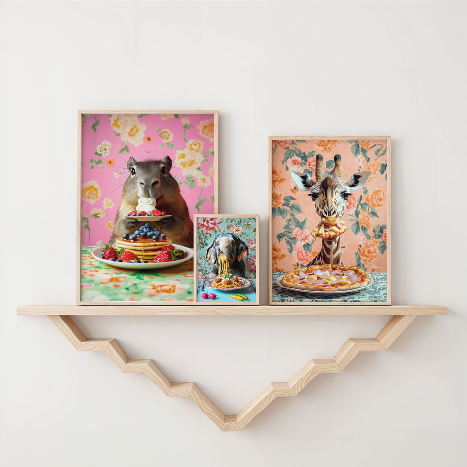 a shelf with three pictures of animals on it