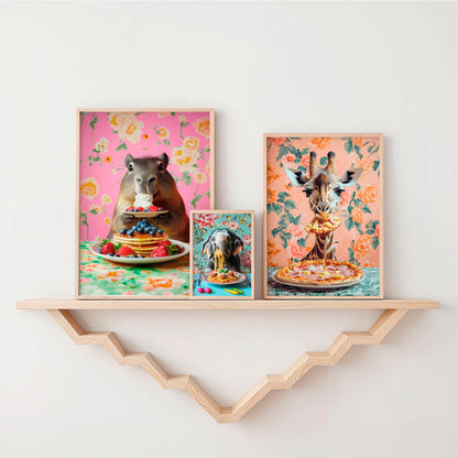 a shelf with three pictures of animals on it