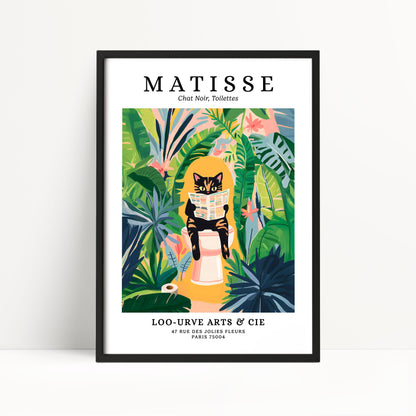 The image is a framed poster featuring an illustration of a cat sitting on a toilet surrounded by tropical foliage.