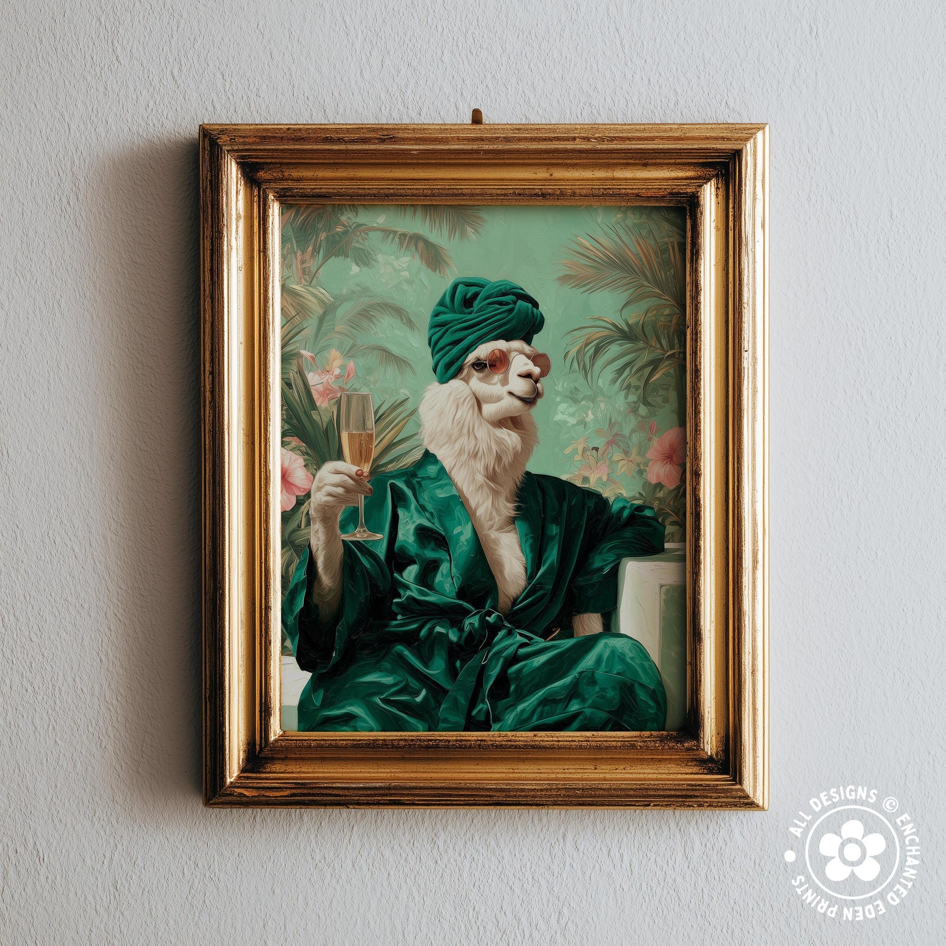 A framed image depicting a person wearing a green robe and turban, holding a glass of champagne, with a tropical background.