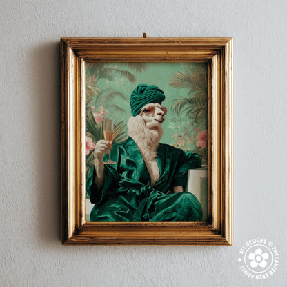 A framed image depicting a person wearing a green robe and turban, holding a glass of champagne, with a tropical background.