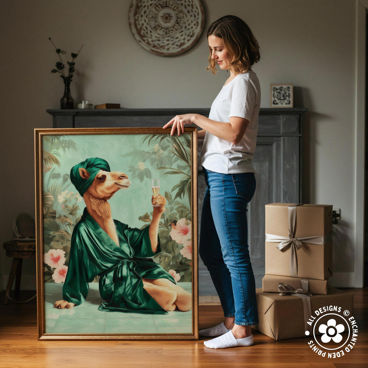 A woman stands next to a large framed painting depicting a camel dressed in a green robe and holding a champagne glass, with a floral background.