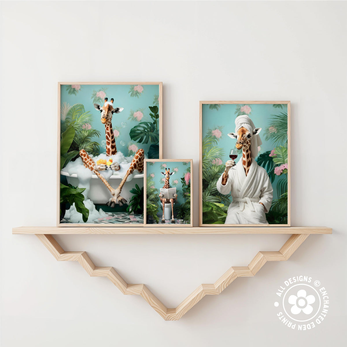 three framed pictures of giraffes in various whimsical and playful situations, such as bathing in a tub, holding a wine glass, and standing in a tropical setting.