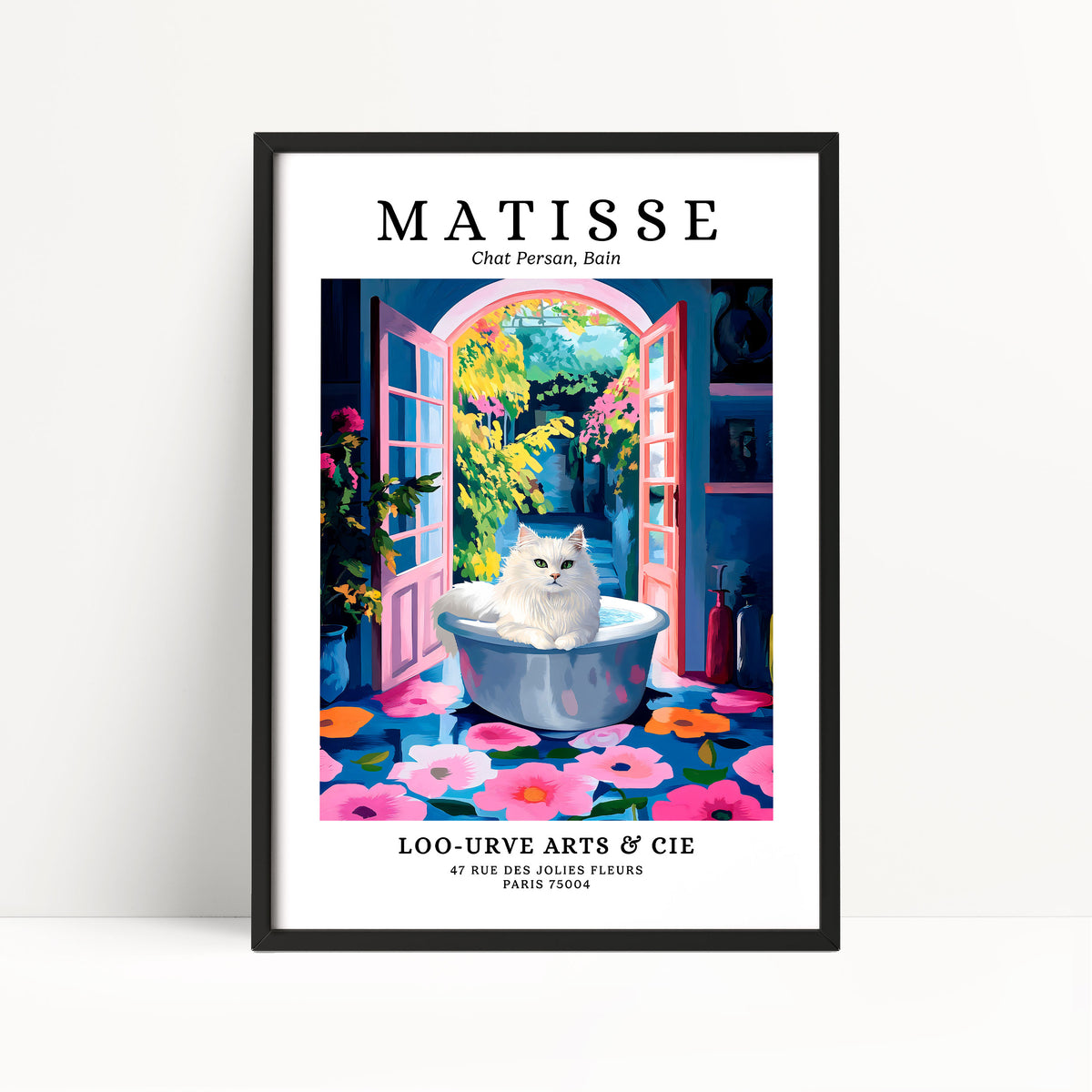 The image is a framed poster featuring a white cat sitting in a bathtub filled with flowers, surrounded by a colorful and whimsical interior scene.
