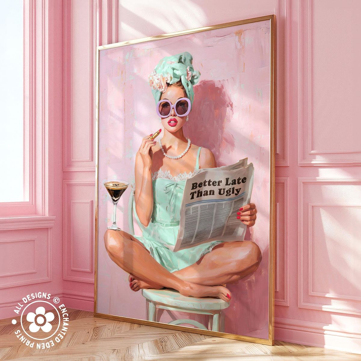 Retro Coquette Wall Art – 1950s “Better Late Than Ugly” Quote Print