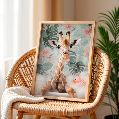 a picture of a giraffe sitting on a wicker chair