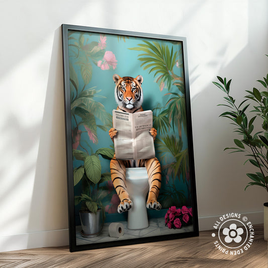 A tiger sitting on a toilet and reading a newspaper, surrounded by tropical plants and flowers.