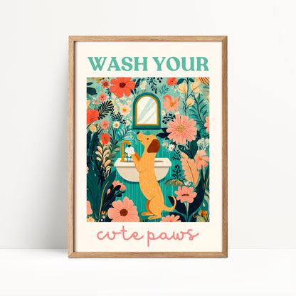 The image is a framed poster with a dog standing in front of a sink, surrounded by flowers and plants. The poster has a floral and nature-inspired design, with the text "WASH YOUR cute paws" written at the bottom.
