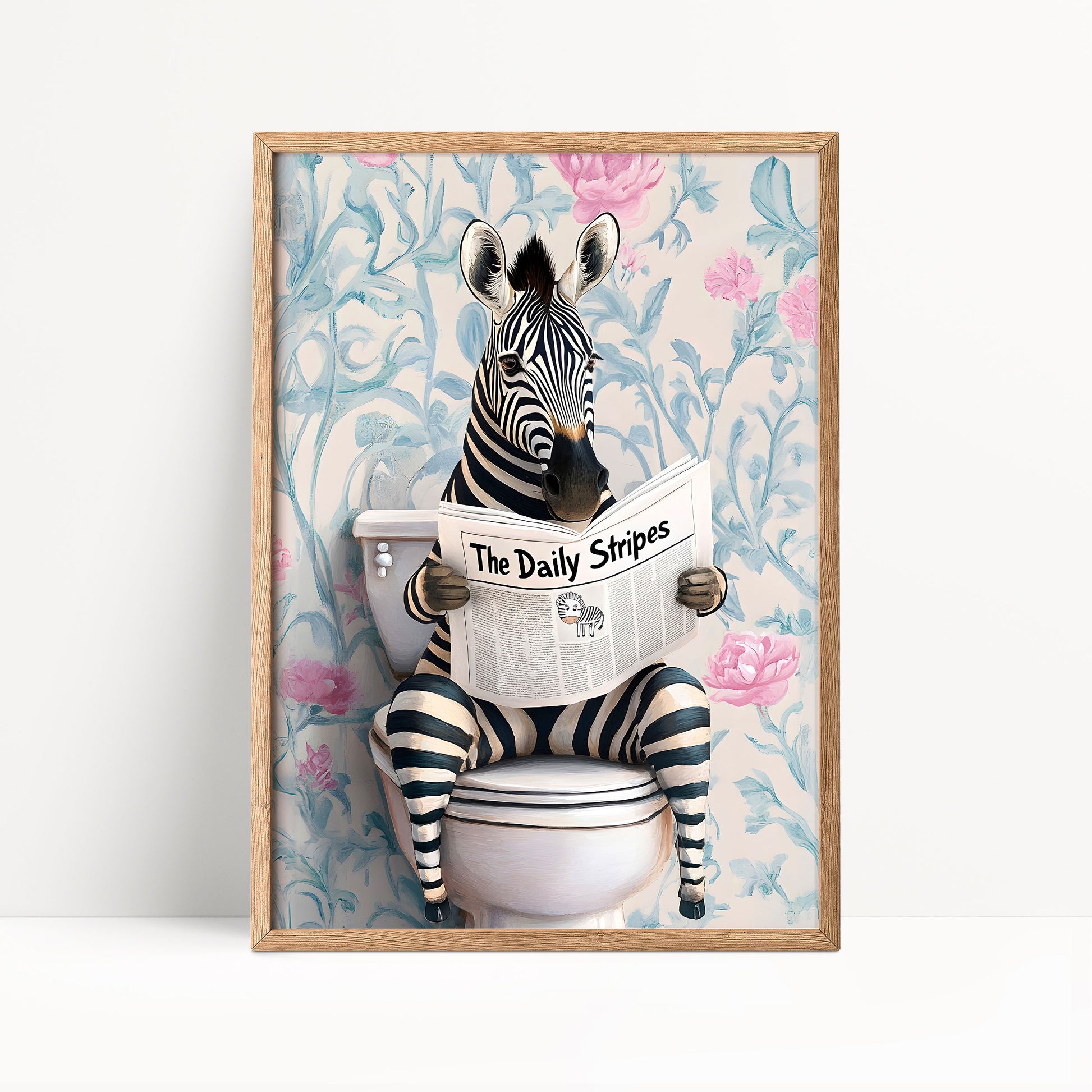 A zebra sitting on a toilet and reading a newspaper with the headline "The Daily Stripes".