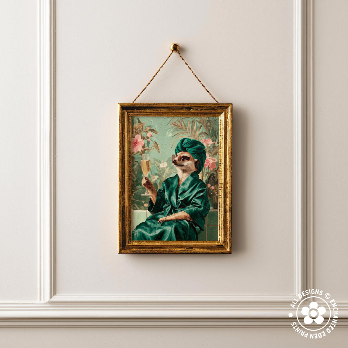 a framed painting of a cat wearing a green robe and holding a glass of wine, set against a floral background.
