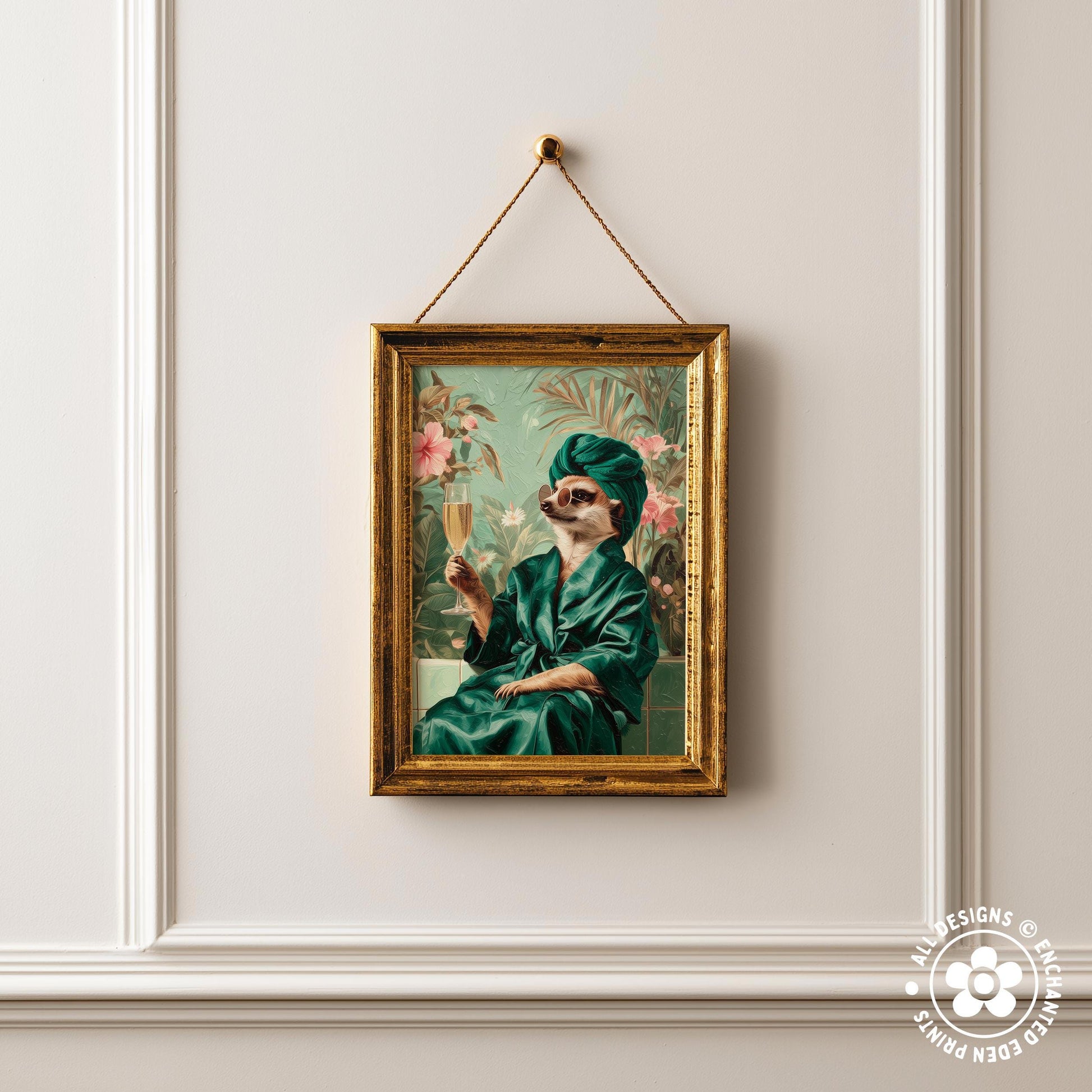 a framed painting of a cat wearing a green robe and holding a glass of wine, set against a floral background.