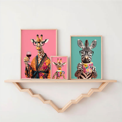 two giraffes and a zebra on a shelf