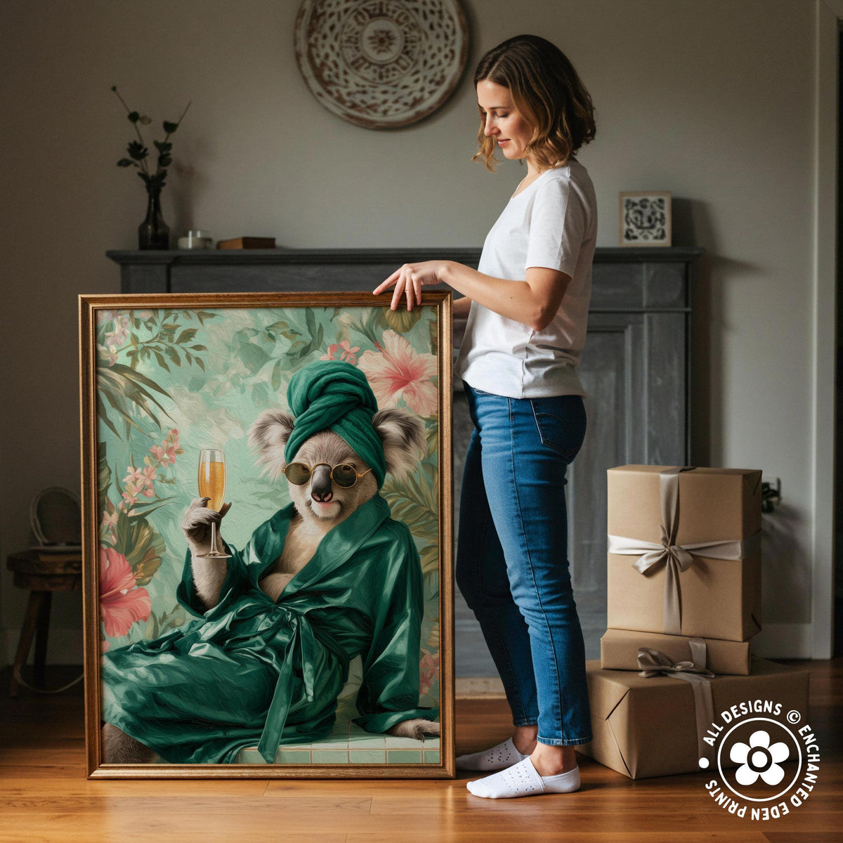 A woman stands next to a large framed painting depicting a koala wearing a green robe and holding a glass of champagne.