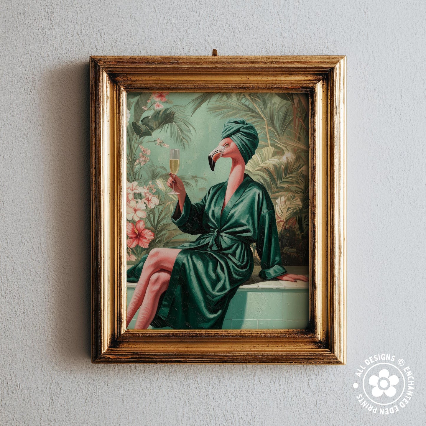 A framed painting depicting a woman in a green bathrobe holding a glass of wine, surrounded by tropical foliage.