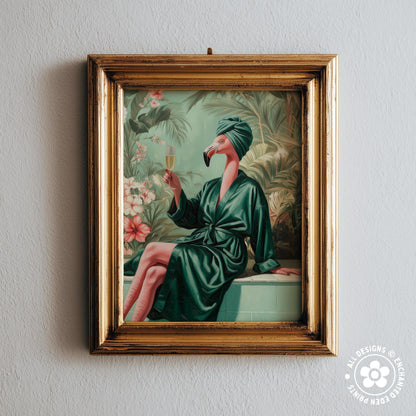 A framed painting depicting a woman in a green bathrobe holding a glass of wine, surrounded by tropical foliage.