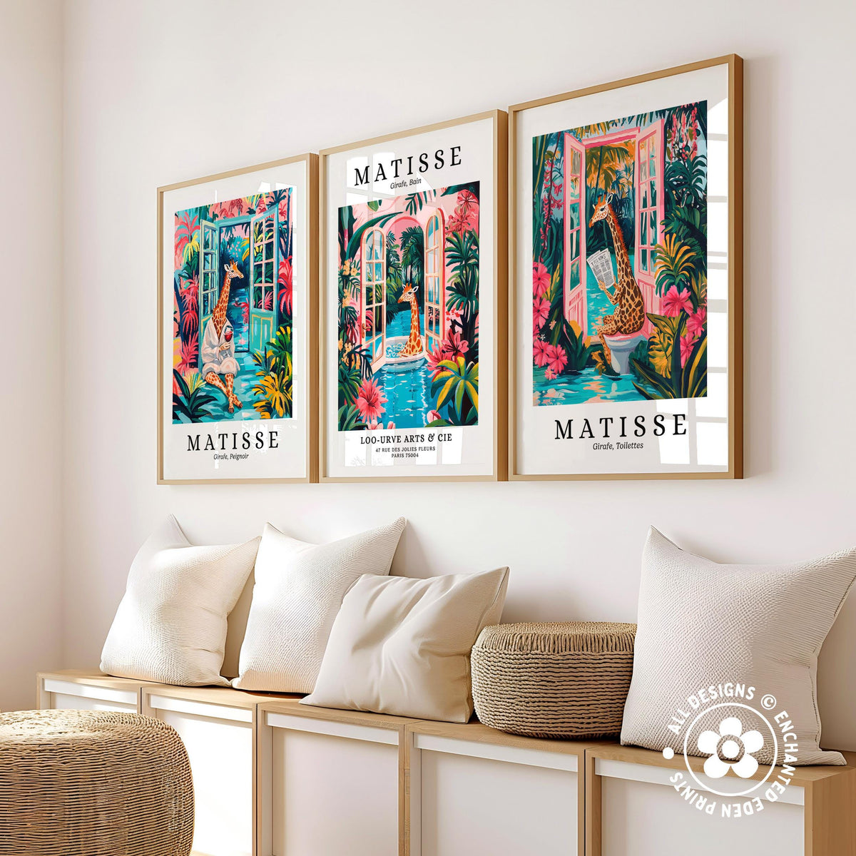 three framed prints of the artist Matisse, each depicting a different scene from his work. The prints are arranged on a wall, with a bench and a woven basket in the foreground.