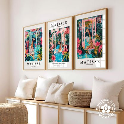 three framed prints of the artist Matisse, each depicting a different scene from his work. The prints are arranged on a wall, with a bench and a woven basket in the foreground.