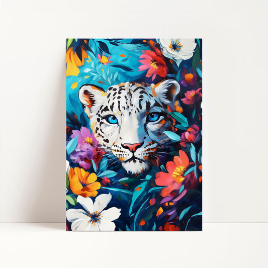 a painting of a white tiger surrounded by flowers