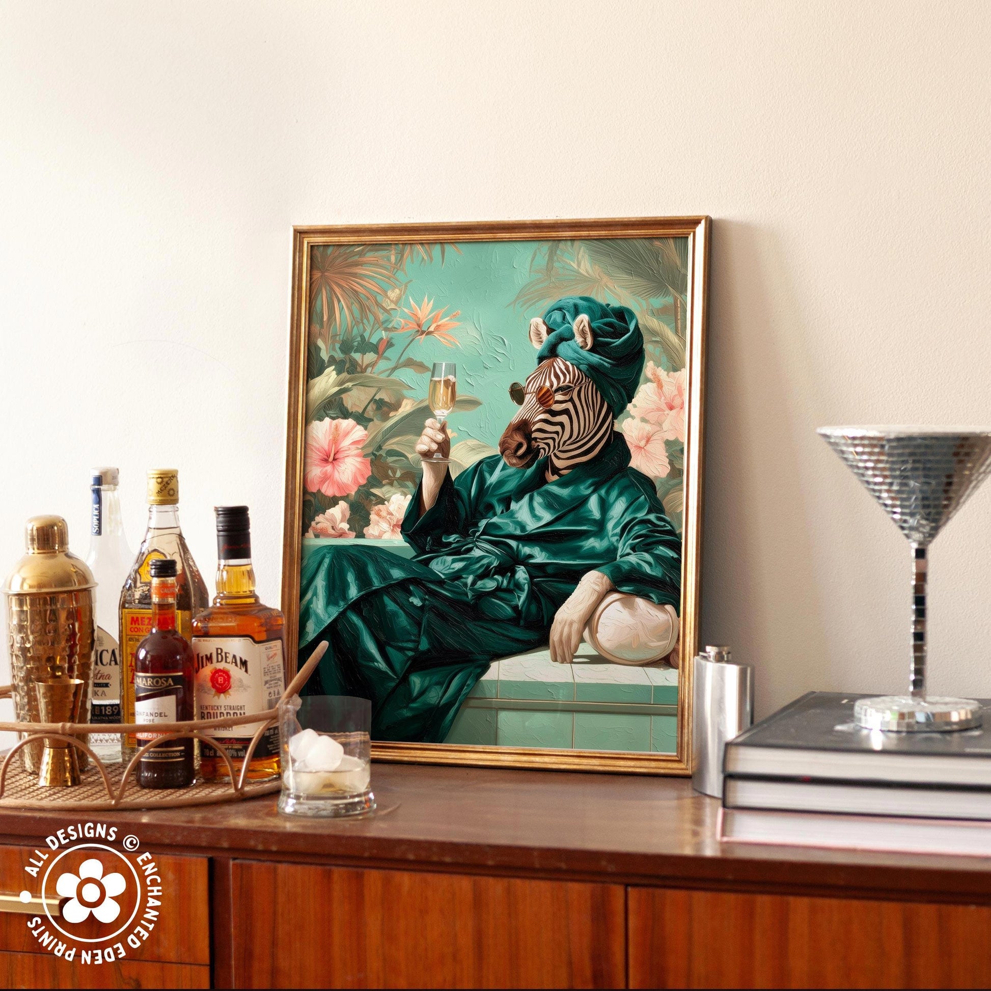 a framed painting of a zebra wearing a green robe and hat, holding a glass of wine and surrounded by various bottles of alcohol.