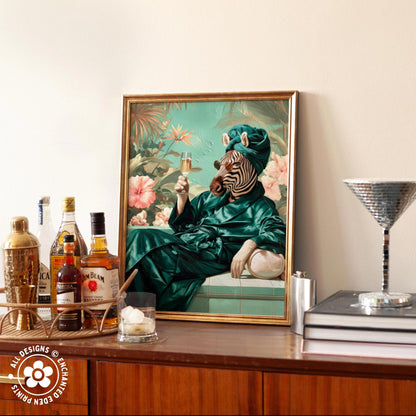 a framed painting of a zebra wearing a green robe and hat, holding a glass of wine and surrounded by various bottles of alcohol.