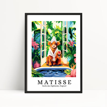 A framed illustration depicting a cow wearing a white towel and holding a wine glass, surrounded by tropical foliage and a body of water.