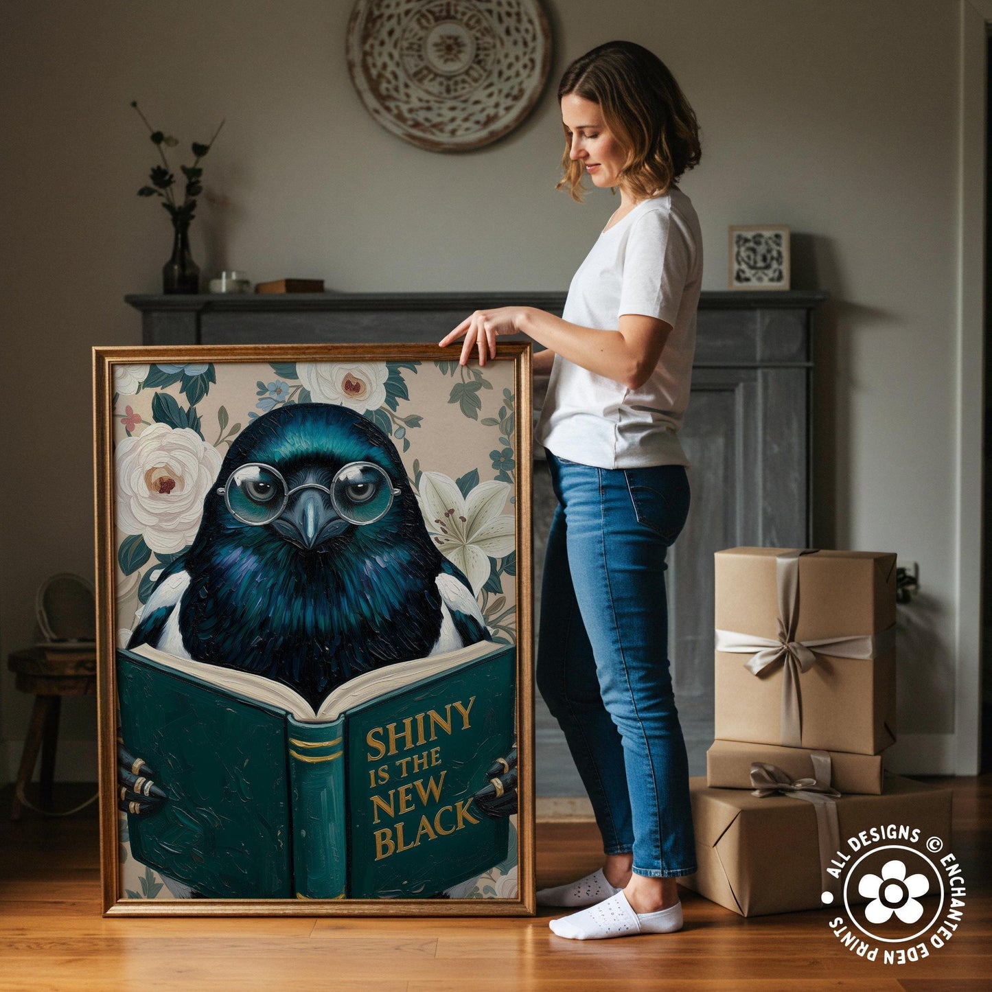 Funny Magpie Reading Book Art – Quirky Bird Lover Wall Decor