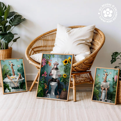 three framed artworks depicting whimsical scenes with animals, including giraffes, monkeys, and flowers, set against a tropical or jungle-like background.