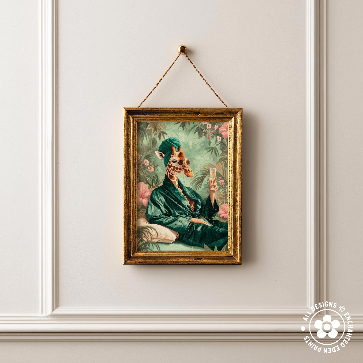a framed painting of a giraffe wearing a green robe and holding a book, hanging on a white wall.