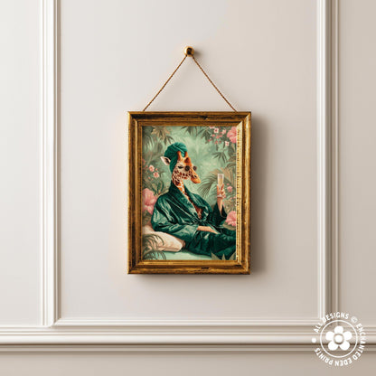 a framed painting of a giraffe wearing a green robe and holding a book, hanging on a white wall.