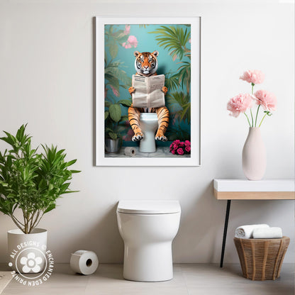 a tiger sitting on a toilet and reading a newspaper, surrounded by a tropical jungle scene with pink flowers.