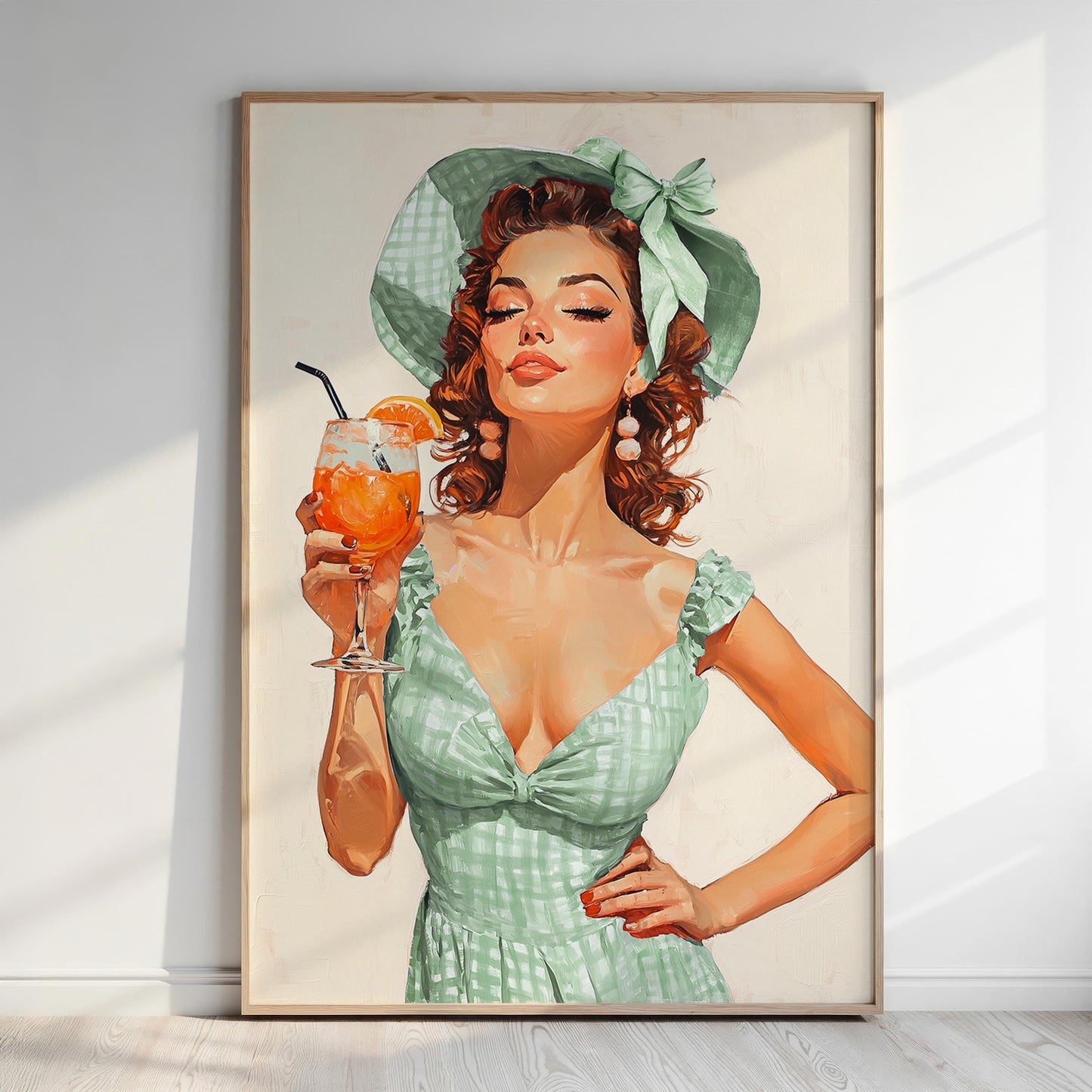 A woman in a green dress and hat is holding a glass of orange juice, with her eyes closed, in a vintage-style illustration.