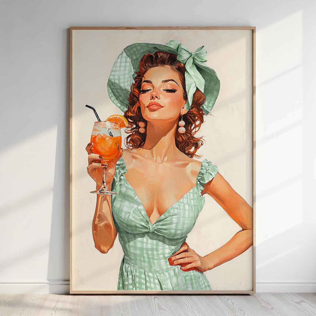 A woman in a green dress and hat is holding a glass of orange juice, with her eyes closed, in a vintage-style illustration.