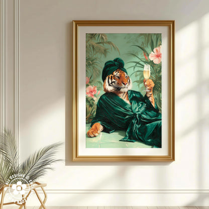 Funny Tiger in Robe Print: Green Maximalist & Jungle Safari Home Decor