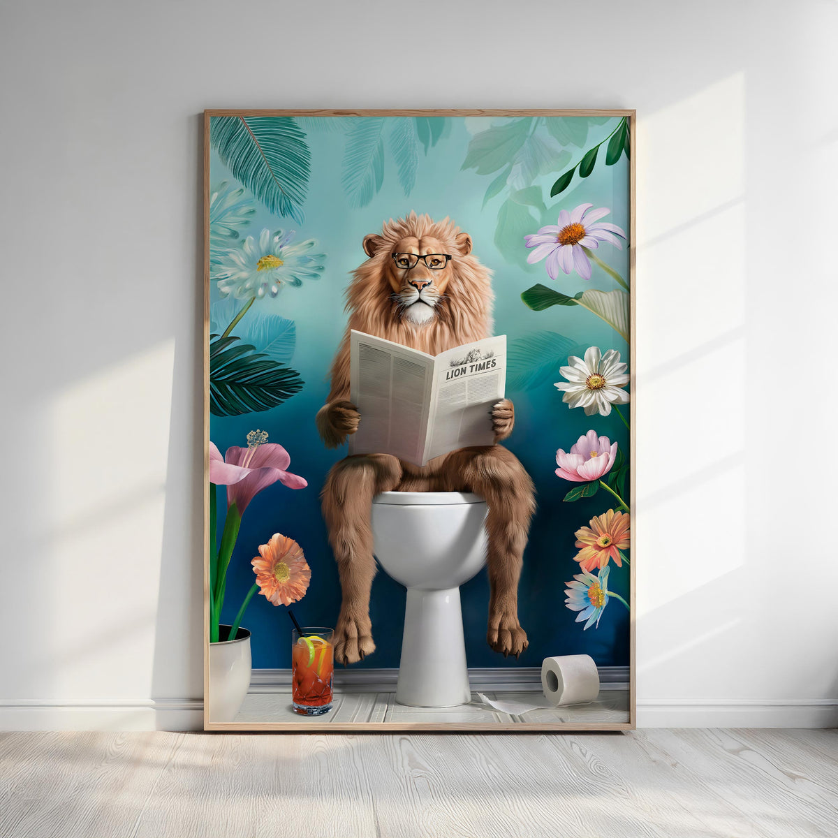 A lion is sitting on a toilet and reading a newspaper, surrounded by flowers and plants in a colorful, whimsical scene.