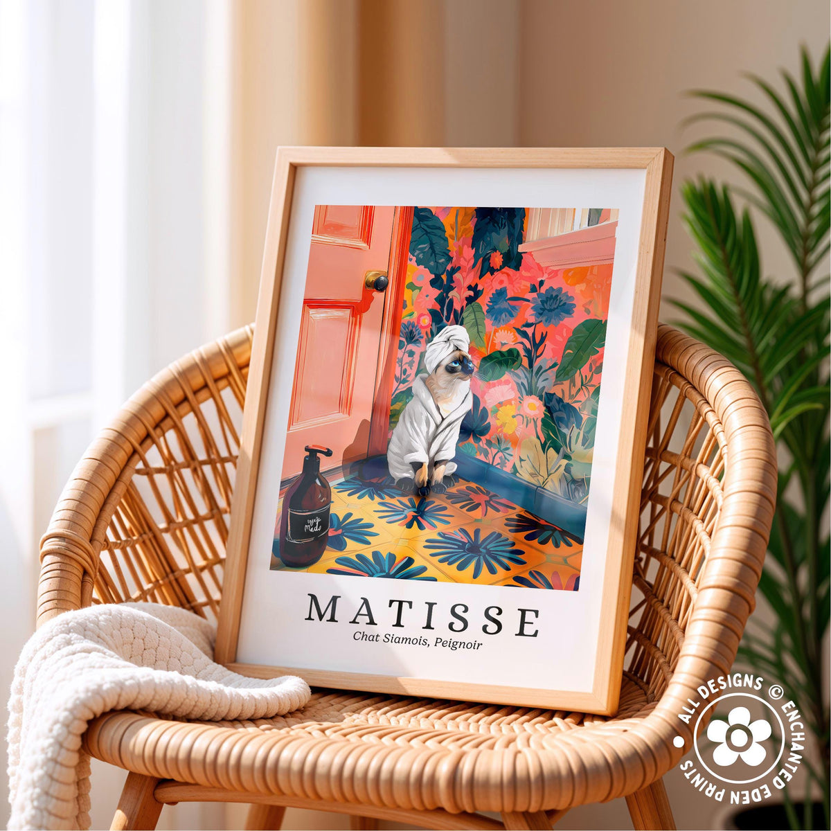 A framed print of a painting depicting a dog in a bathtub, with a pink door and colorful flowers in the background.