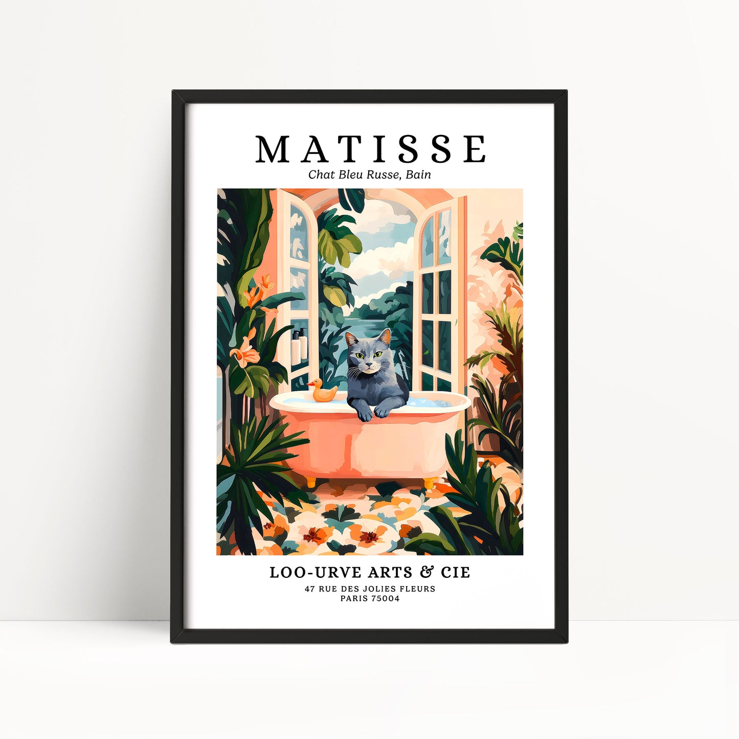 The image is a framed poster featuring an illustration of a cat sitting in a bathtub surrounded by tropical plants and flowers.