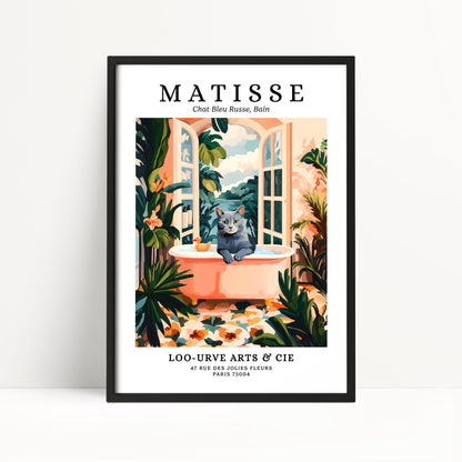 The image is a framed poster featuring an illustration of a cat sitting in a bathtub surrounded by tropical plants and flowers.