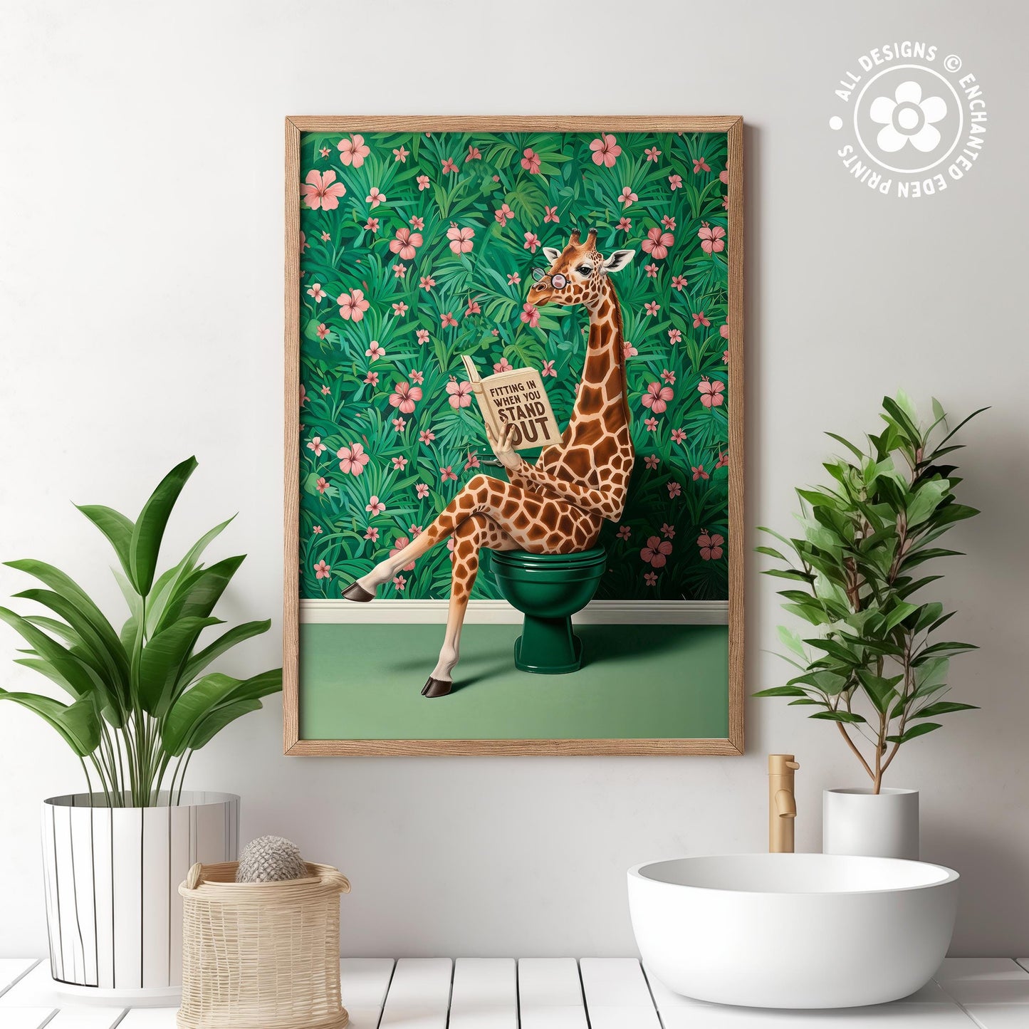 a giraffe sitting on a green toilet bowl, surrounded by a tropical floral background.