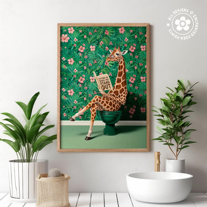 a giraffe sitting on a green toilet bowl, surrounded by a tropical floral background.