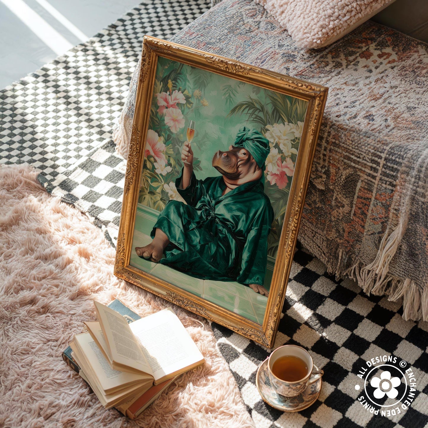 a painting of a hippo wearing a green robe and holding a drink, sitting on a bed with a floral patterned blanket. There is a stack of books and a cup of tea nearby, creating a cozy and relaxing atmosphere.