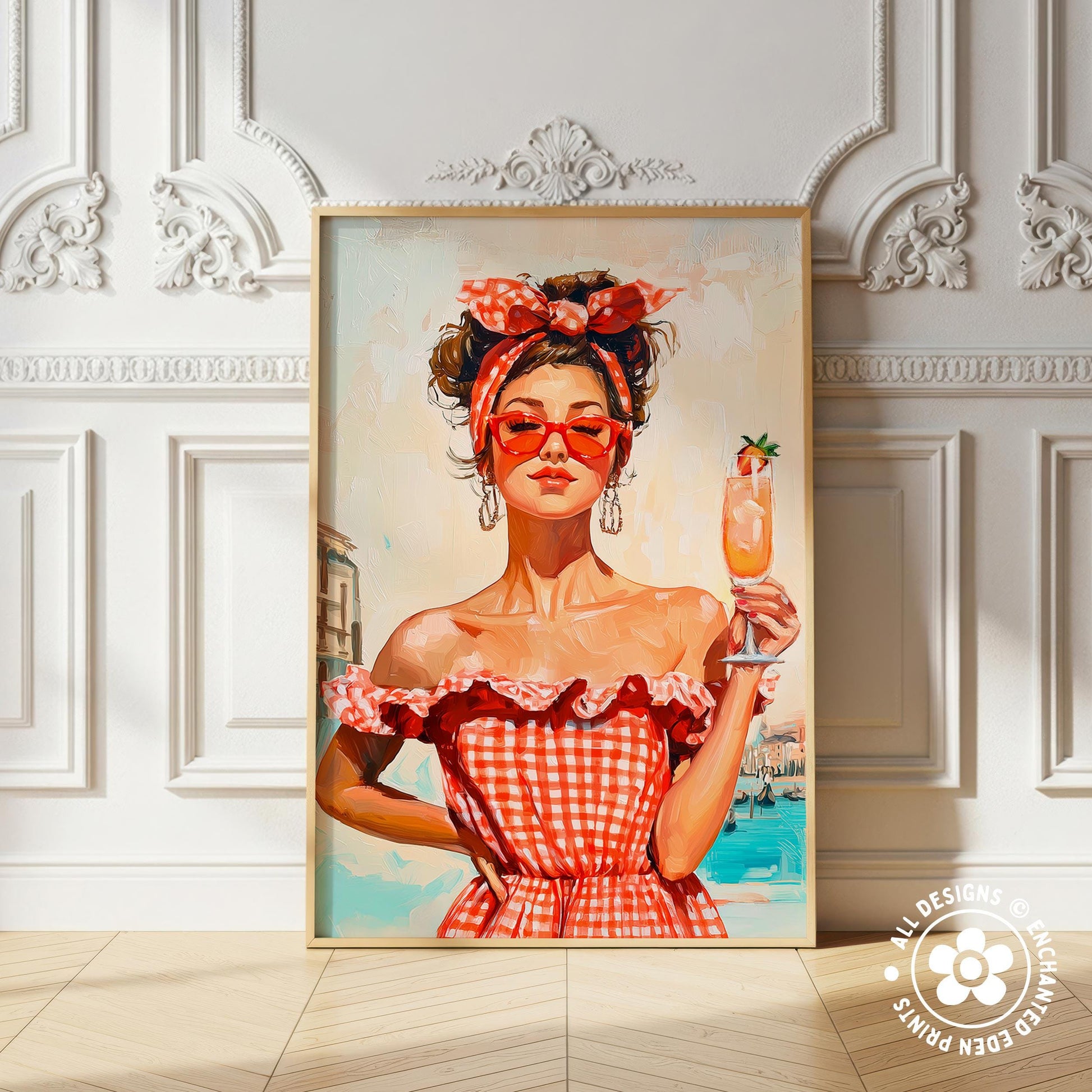 A framed painting of a woman wearing a red and white checkered dress and holding a glass of what appears to be a cocktail, with a red headband and sunglasses.