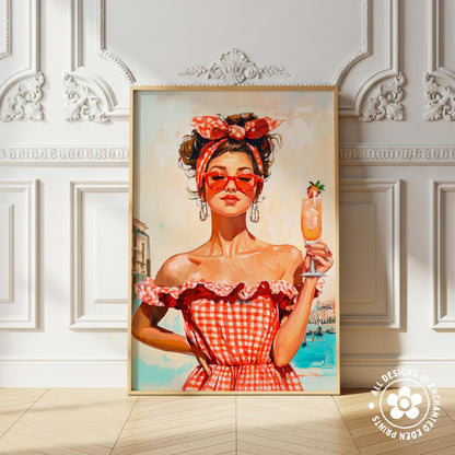 A framed painting of a woman wearing a red and white checkered dress and holding a glass of what appears to be a cocktail, with a red headband and sunglasses.